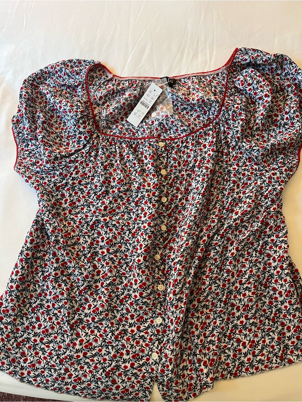 J. Crew Red Black White Floral Button-Front Blouse